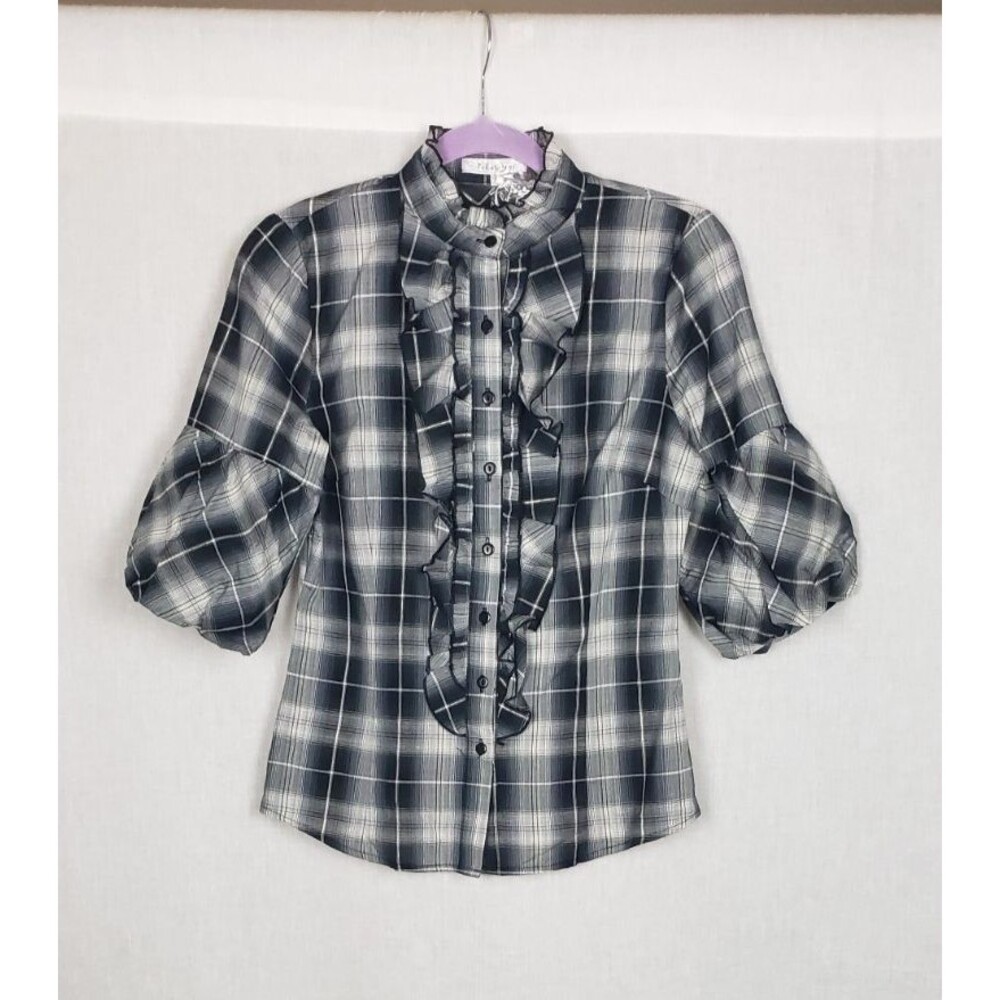Toi Et Moi Boho Office Siren Blouse Top M Plaid Gray Black Ruffle Front Academia